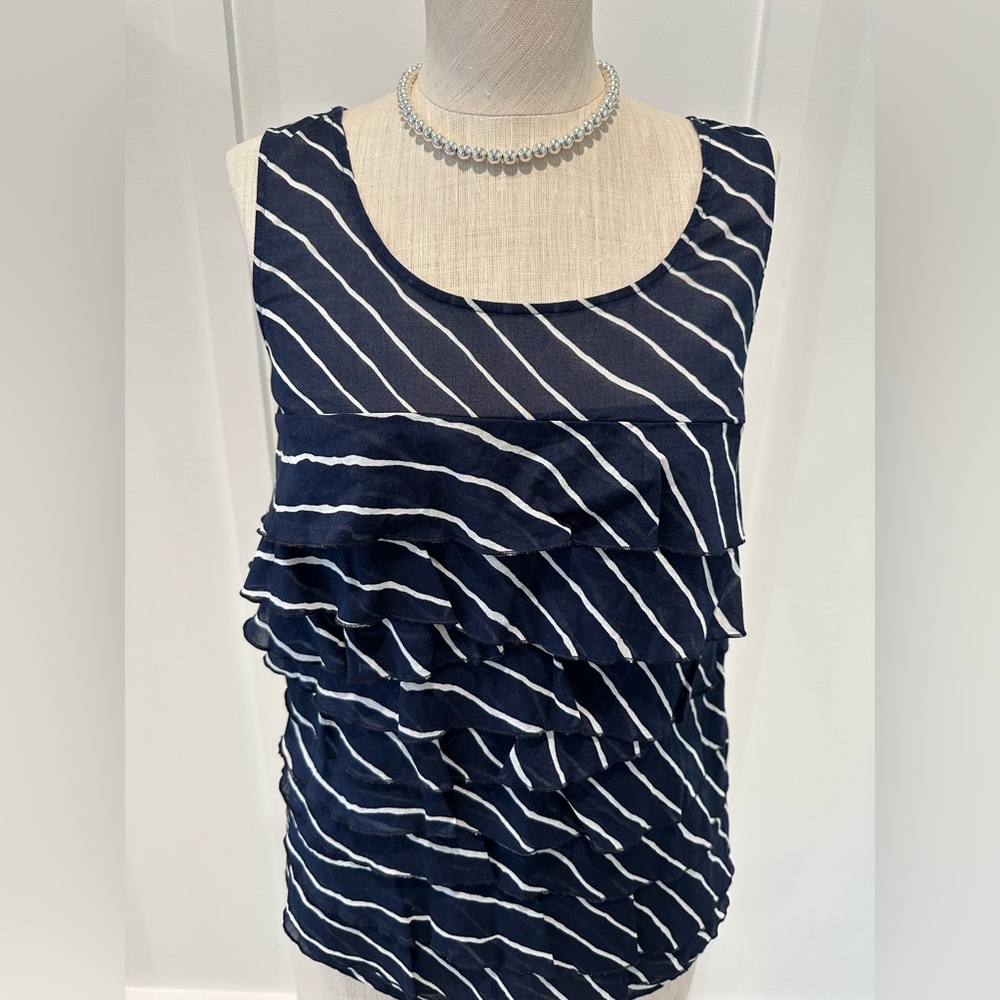 Ann Taylor White and Blue Ruched Tank Top